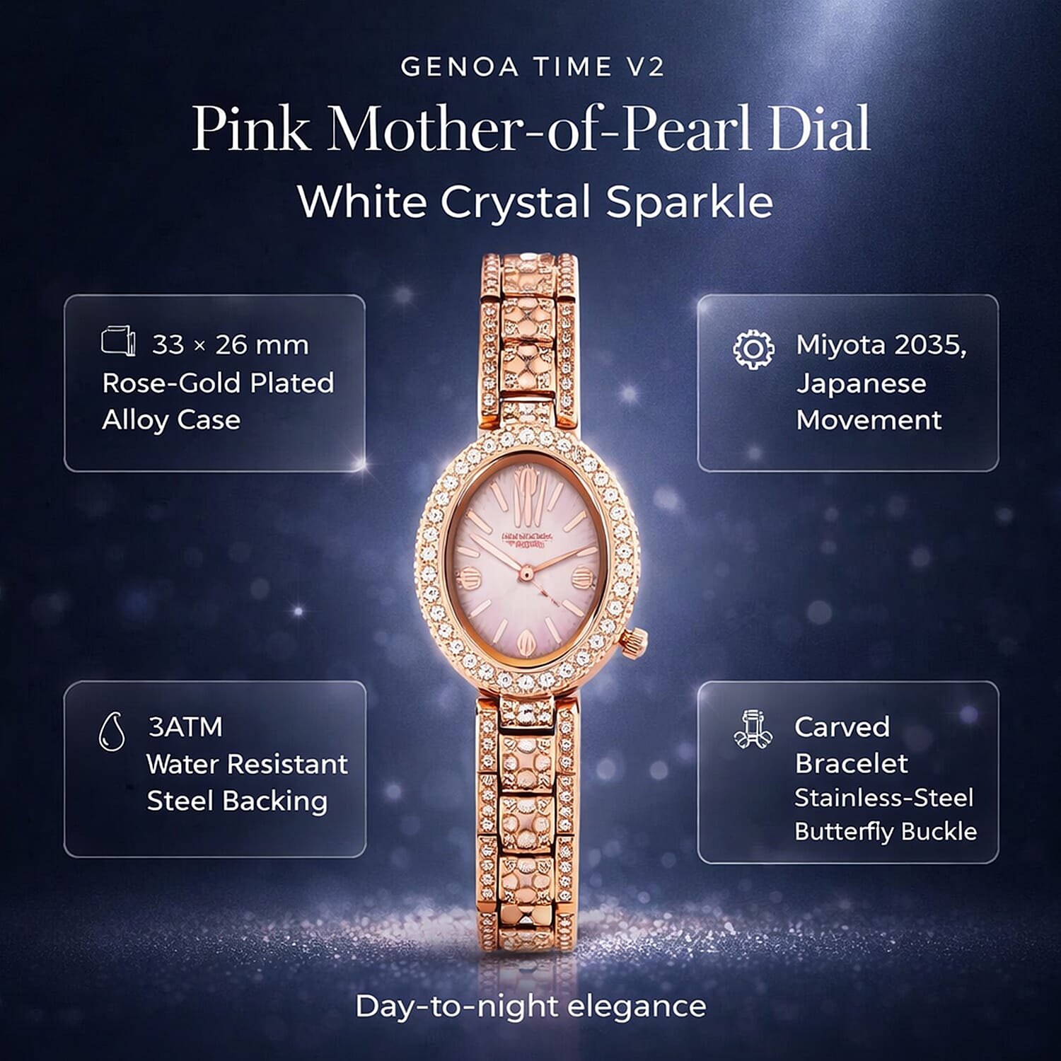 GENOA TIME V2 Miyota 2035 Japan Movement 3ATM Water Resistant White Crystal & Pink MOP Dial Watch with Rose Gold Colour Carving Strap